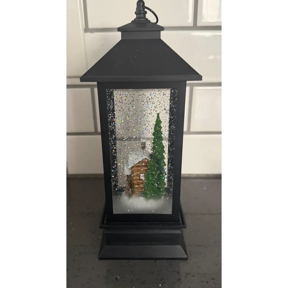 Illuminated Lantern Snow Globe Christmas Cottage Trees Lighted Liughts Up